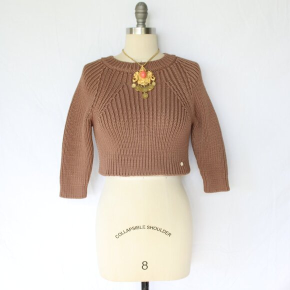 ELISABETTA FRANCHI Maglia cropped brown dress sweater tunic top woven 42 us 6 - Picture 4 of 9